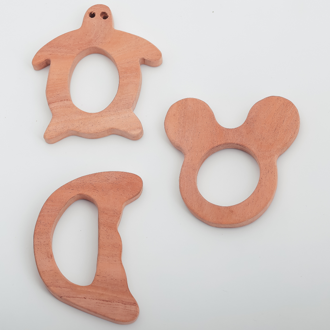 Neem Wood Teether Set – Turtle, Bear Ears & Crescent Shapes | Organic, Eco-Friendly Baby Teethers by NeemKala