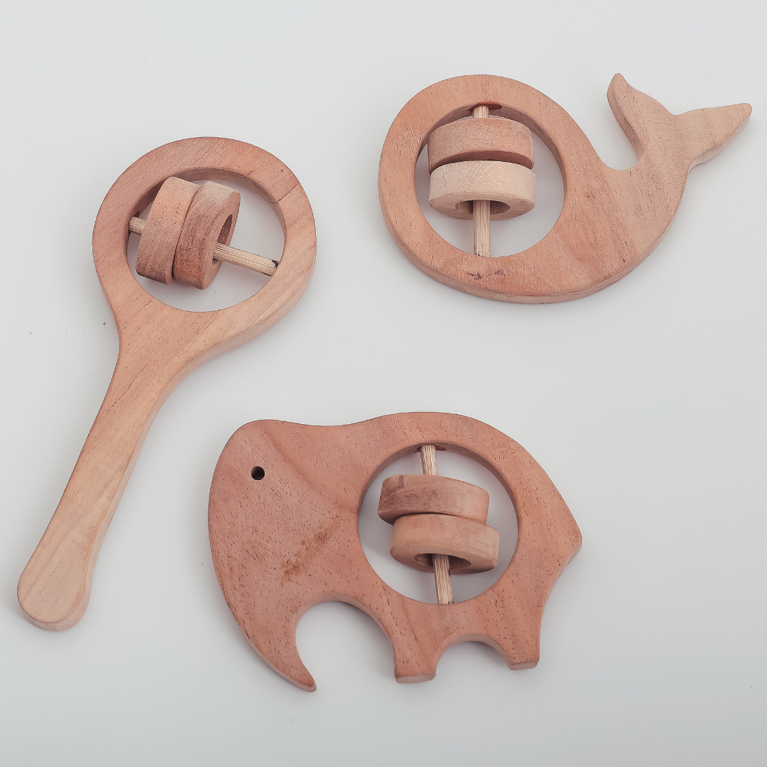 Neem Wood Rattle Trio – Whale, Elephant & Handle Rattle Set | Safe & Natural Baby Teething Toys by NeemKala