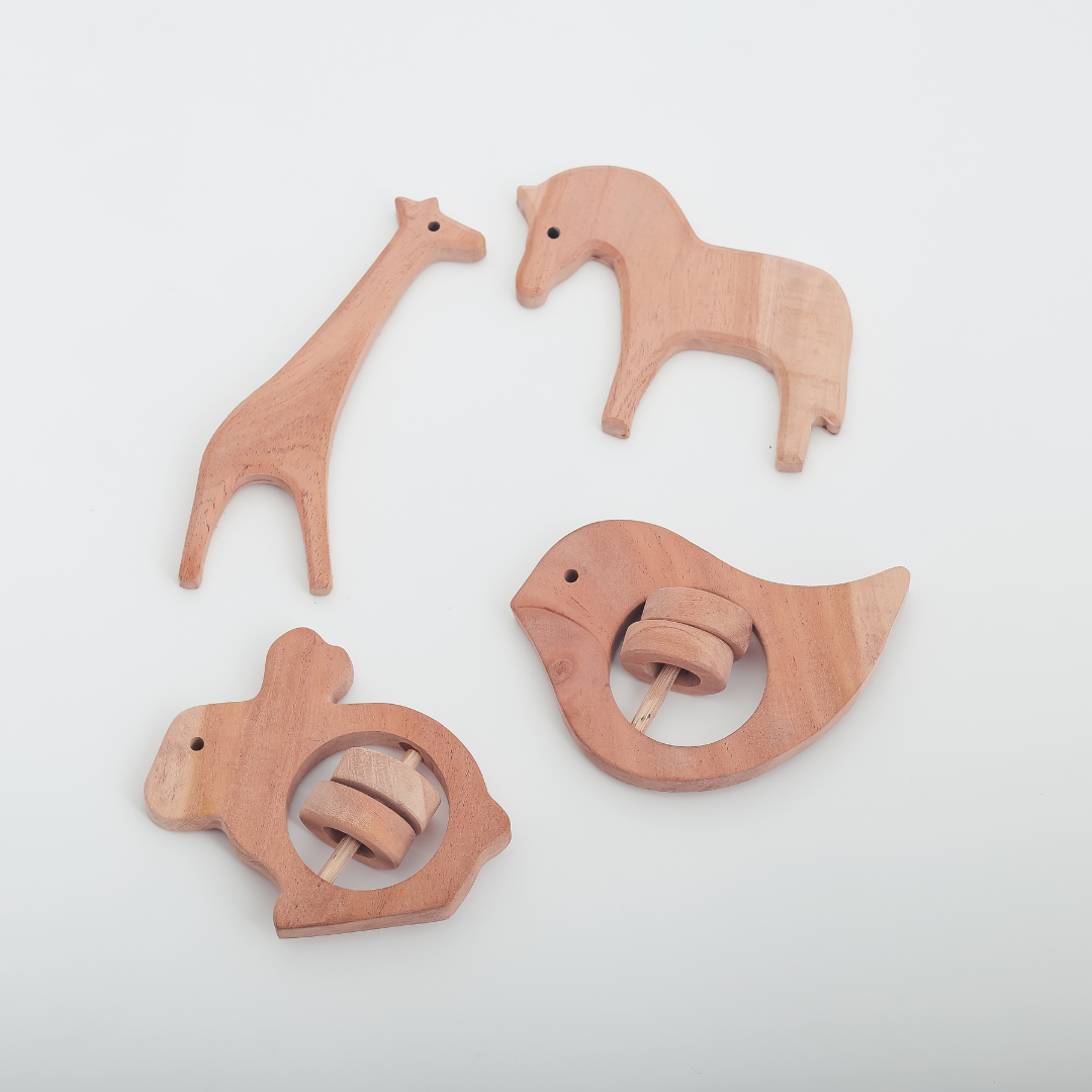 Tiny Safari, Big Smiles – Handcrafted Neem Wood Teethers by NeemKala (Pack of 4)