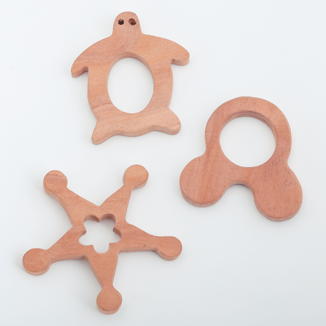Neem Wood Teether Trio – Turtle, Star & Bear Ring Shapes | Natural & Safe Teething Toys by NeemKala
