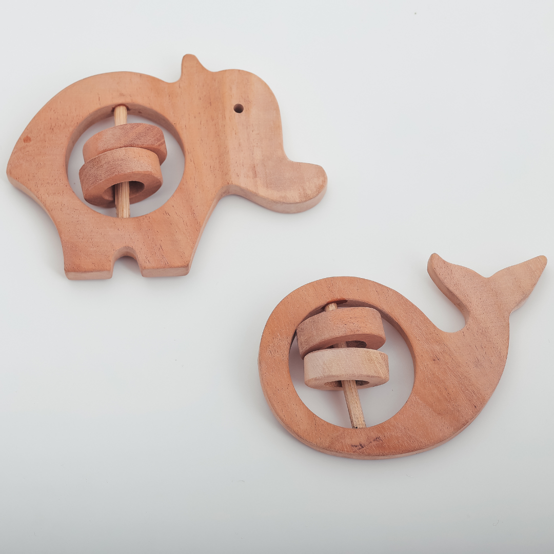 Neem Wood Teethers – Elephant & Whale Combo | Natural Wooden Rattles by NeemKala