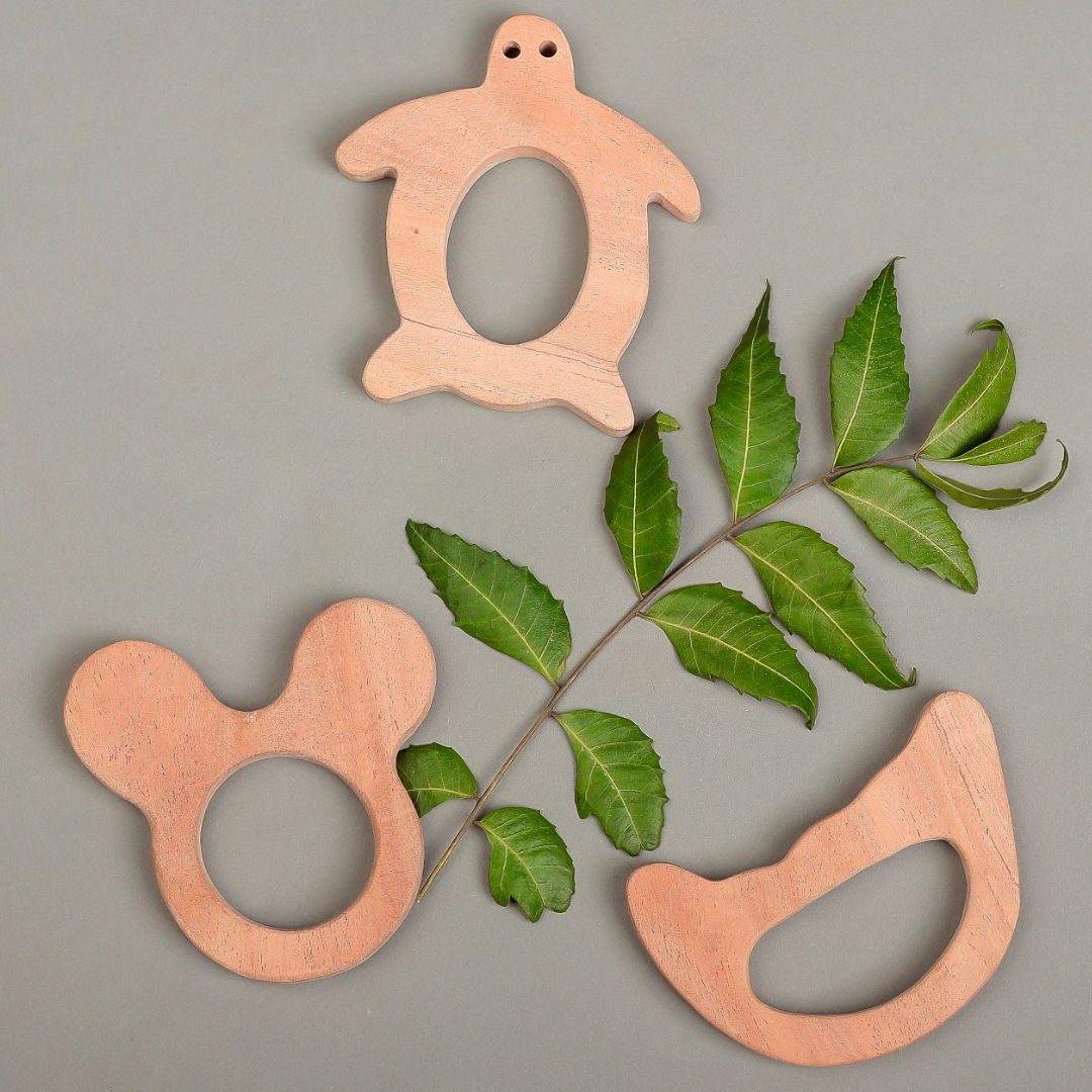 Neem Wood Teether Set – Turtle, Bear Ears & Crescent Shapes | Organic, Eco-Friendly Baby Teethers by NeemKala