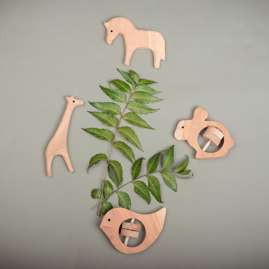 Tiny Safari, Big Smiles – Handcrafted Neem Wood Teethers by NeemKala (Pack of 4)
