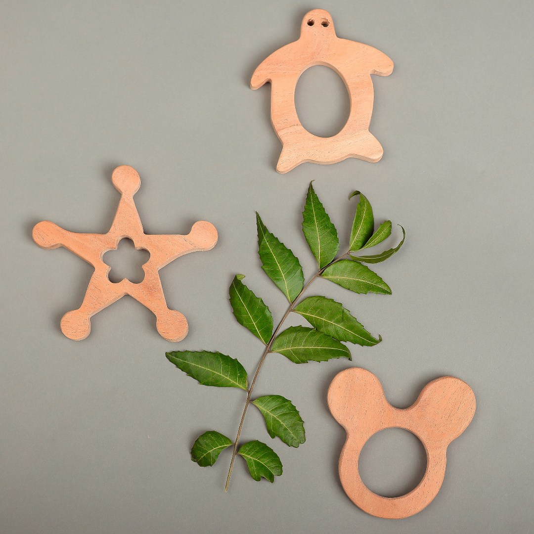 Neem Wood Teether Trio – Turtle, Star & Bear Ring Shapes | Natural & Safe Teething Toys by NeemKala
