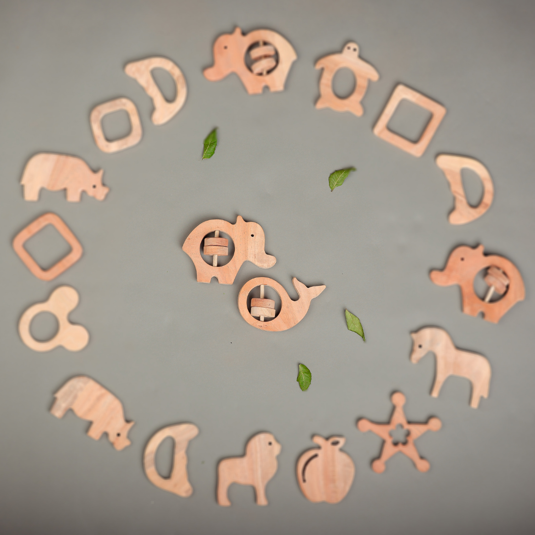 Neem Wood Teethers – Elephant & Whale Combo | Natural Wooden Rattles by NeemKala