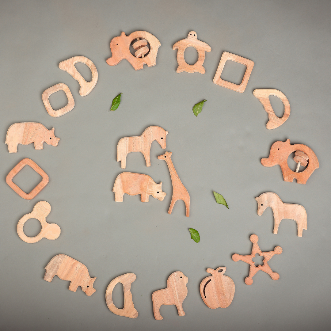 Wild Safari Neem Wood Teether Set – Giraffe, Rhino & Horse by NeemKala