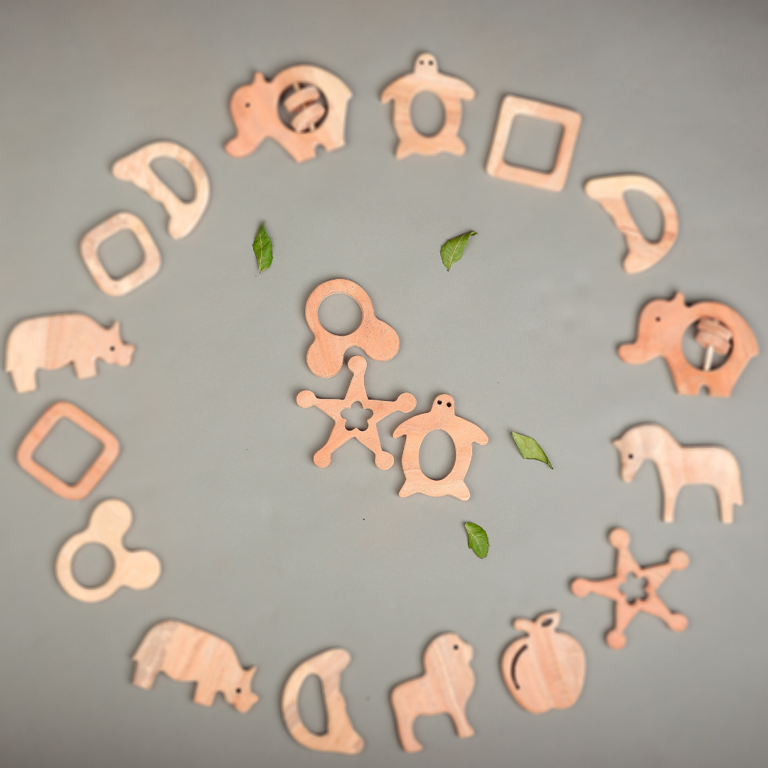 Neem Wood Teether Trio – Turtle, Star & Bear Ring Shapes | Natural & Safe Teething Toys by NeemKala