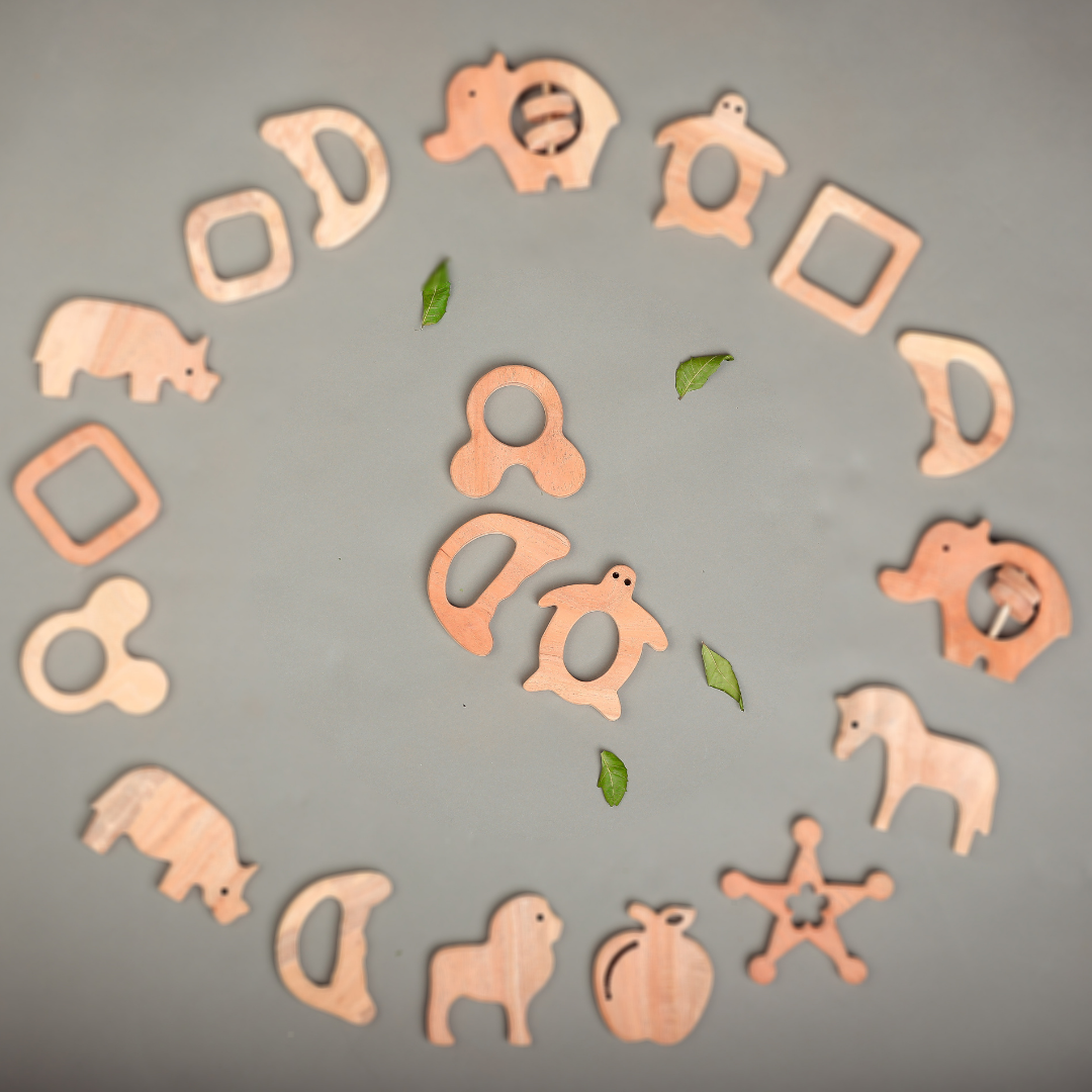 Neem Wood Teether Set – Turtle, Bear Ears & Crescent Shapes | Organic, Eco-Friendly Baby Teethers by NeemKala