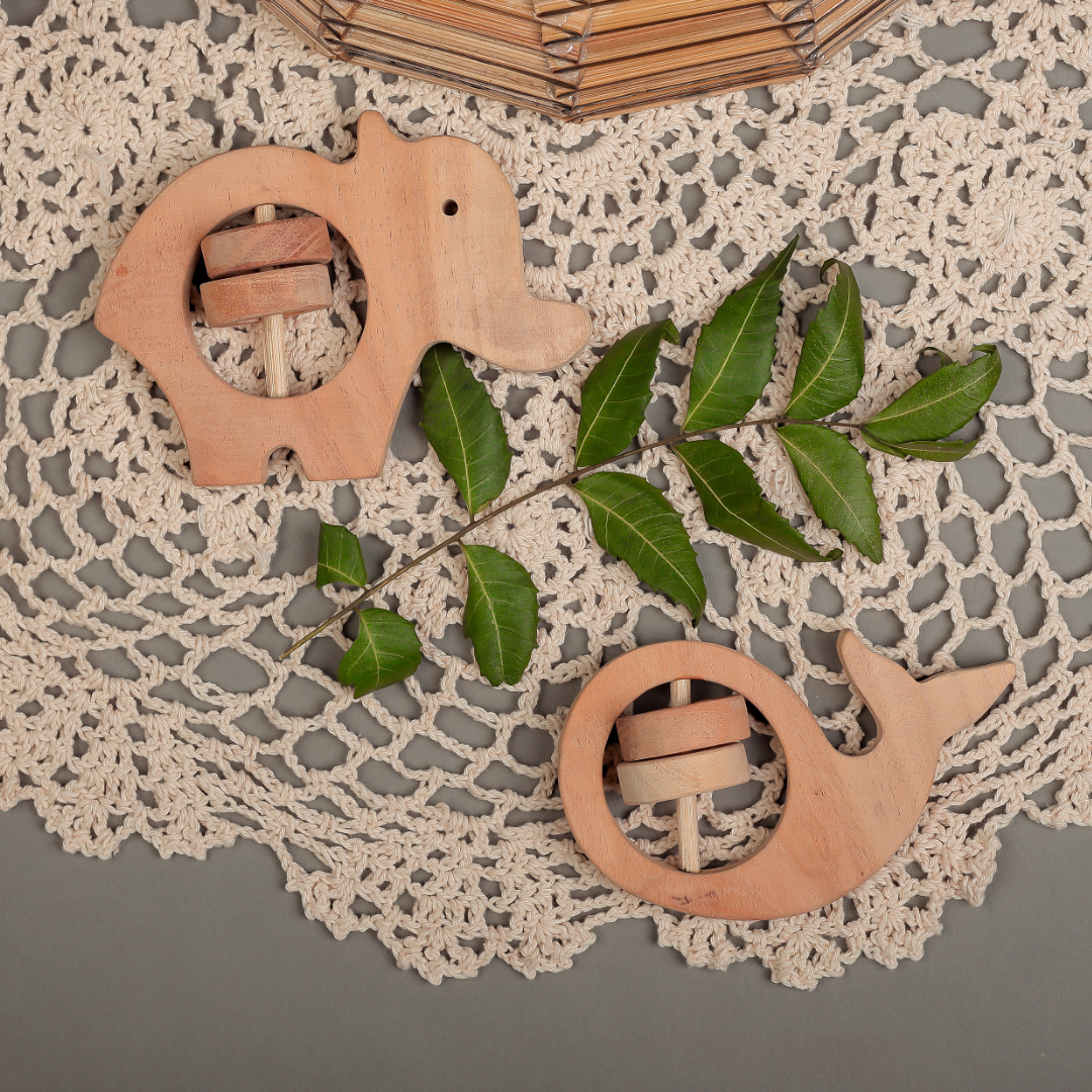 Neem Wood Teethers – Elephant & Whale Combo | Natural Wooden Rattles by NeemKala