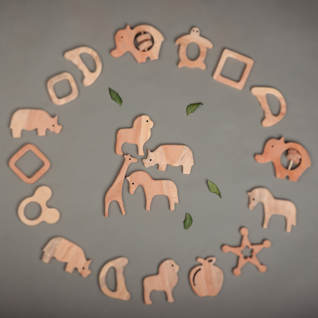 Neem Wood Animal Safari Toy Set – Eco-Friendly Handcrafted Teethers for Babies | NeemKala