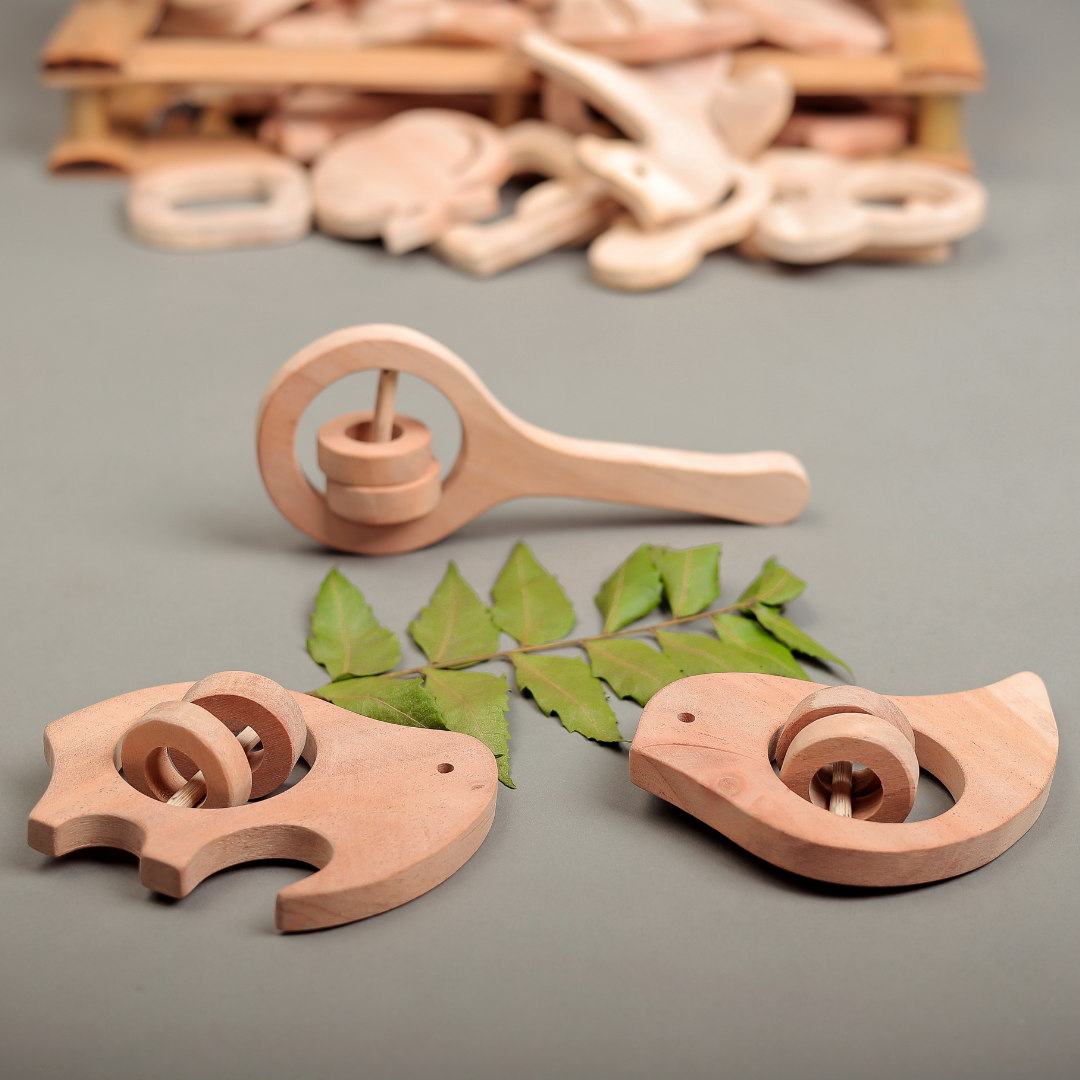 Neem Wood Rattle Trio – Whale, Elephant & Handle Rattle Set | Safe & Natural Baby Teething Toys by NeemKala