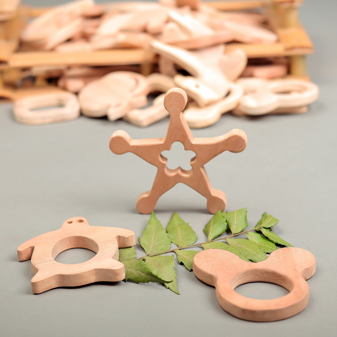 Neem Wood Teether Trio – Turtle, Star & Bear Ring Shapes | Natural & Safe Teething Toys by NeemKala
