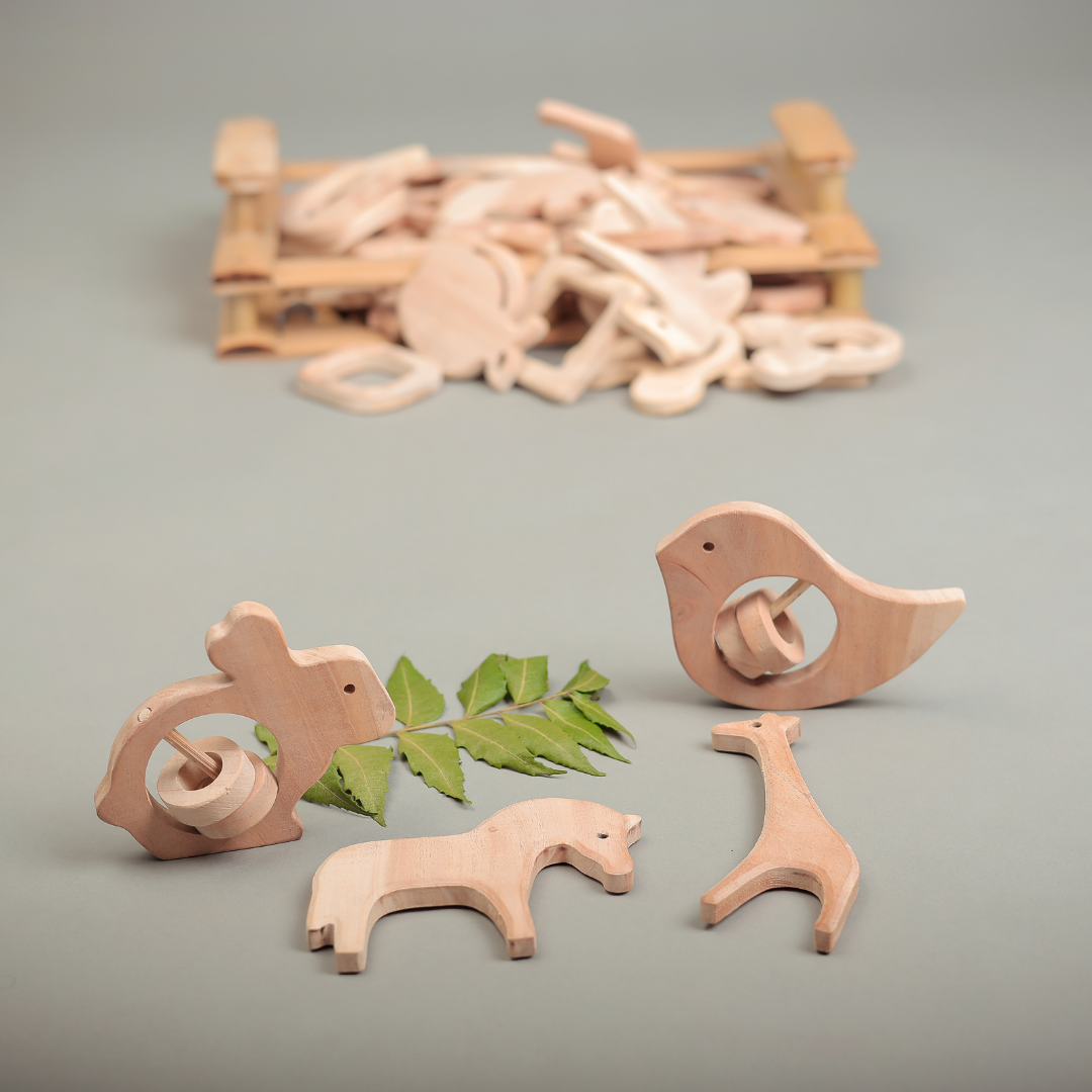 Tiny Safari, Big Smiles – Handcrafted Neem Wood Teethers by NeemKala (Pack of 4)