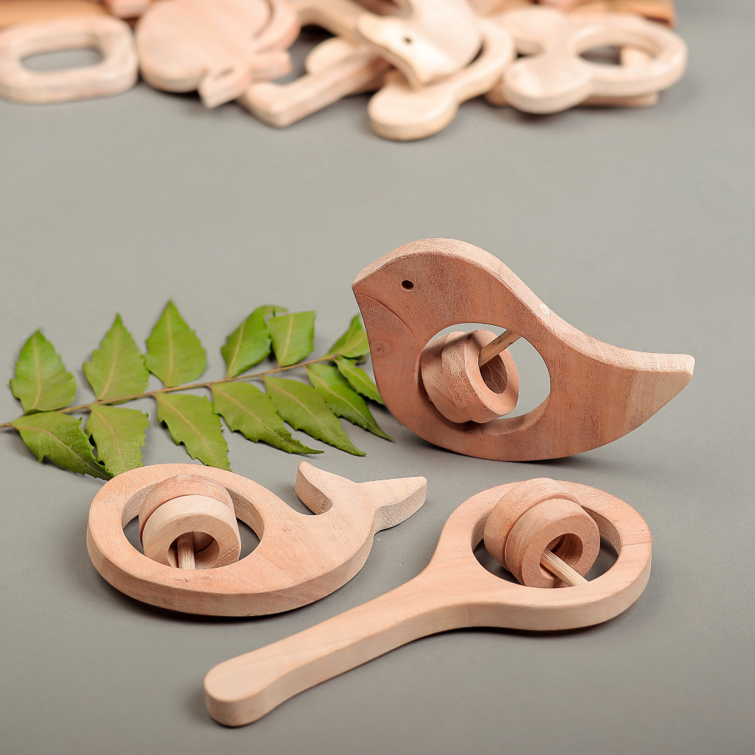 Handmade Wooden Animal Rattles – Set of 3