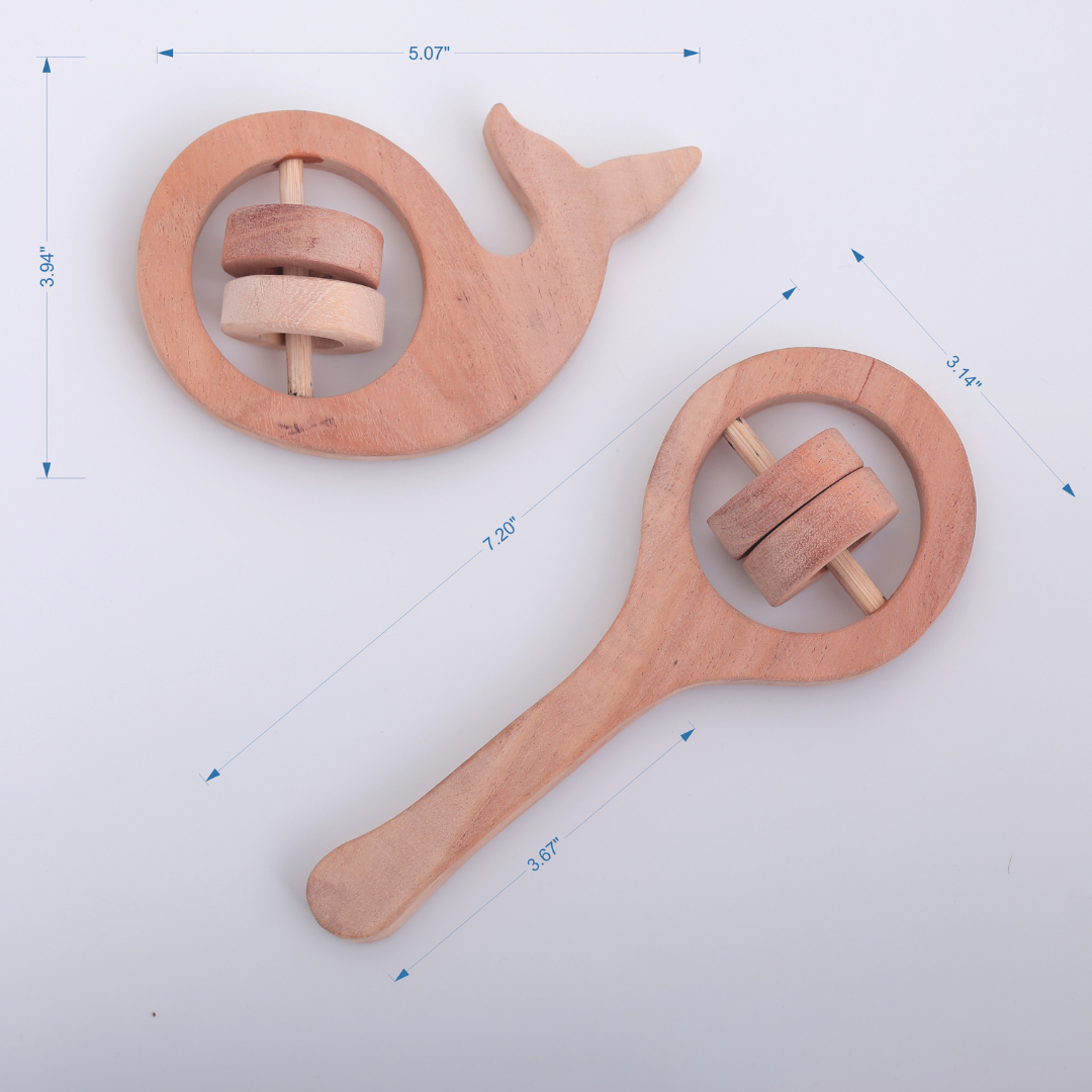 Neem Wood Rattle & Whale Teether Set – Natural Sensory Toys for Babies