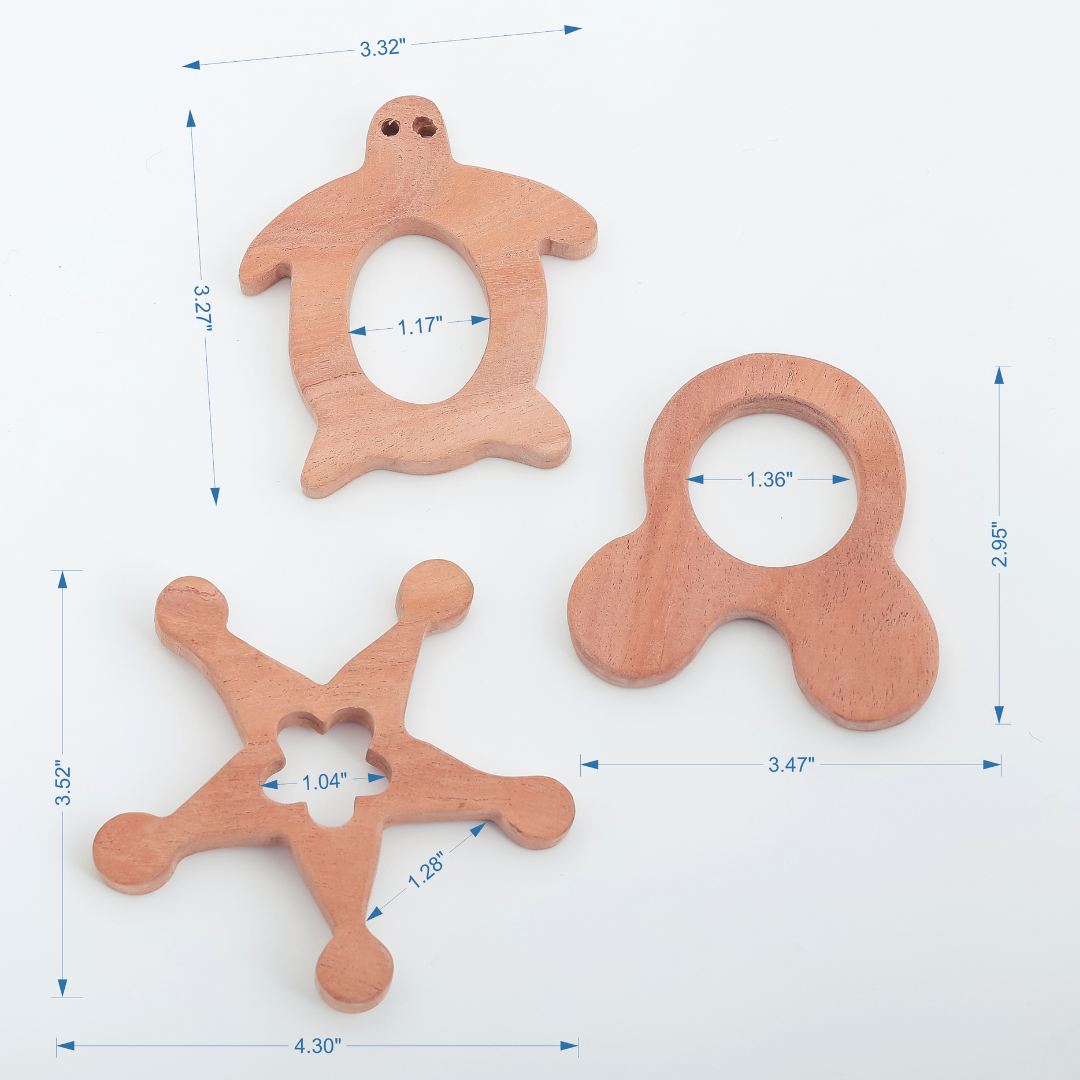 Neem Wood Teether Trio – Turtle, Star & Bear Ring Shapes | Natural & Safe Teething Toys by NeemKala