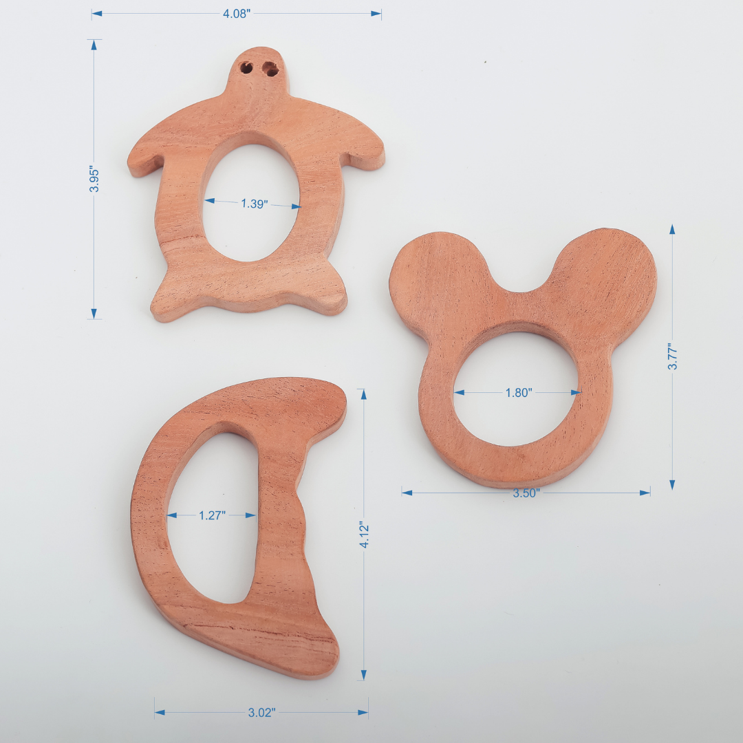 Neem Wood Teether Set – Turtle, Bear Ears & Crescent Shapes | Organic, Eco-Friendly Baby Teethers by NeemKala
