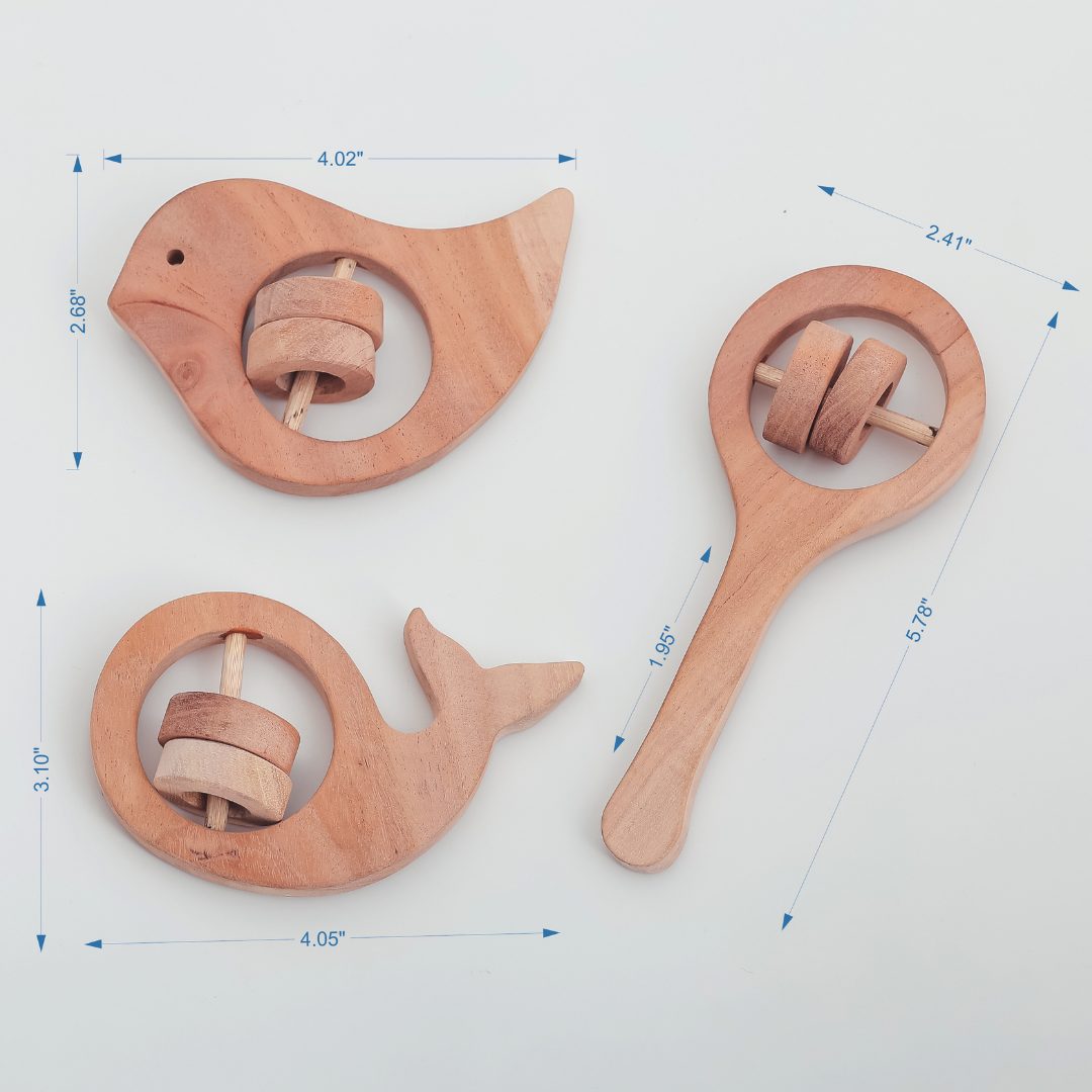 Handmade Wooden Animal Rattles – Set of 3