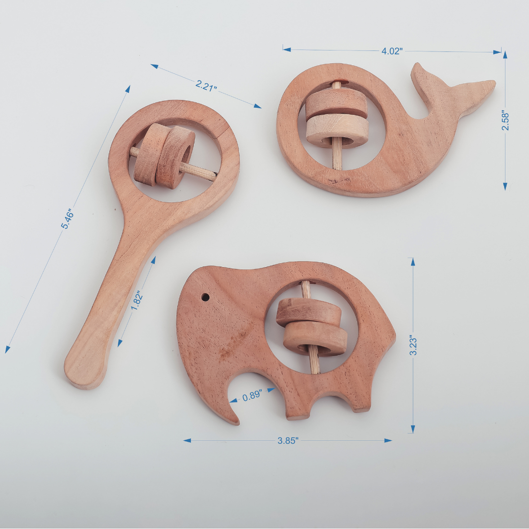 Neem Wood Rattle Trio – Whale, Elephant & Handle Rattle Set | Safe & Natural Baby Teething Toys by NeemKala