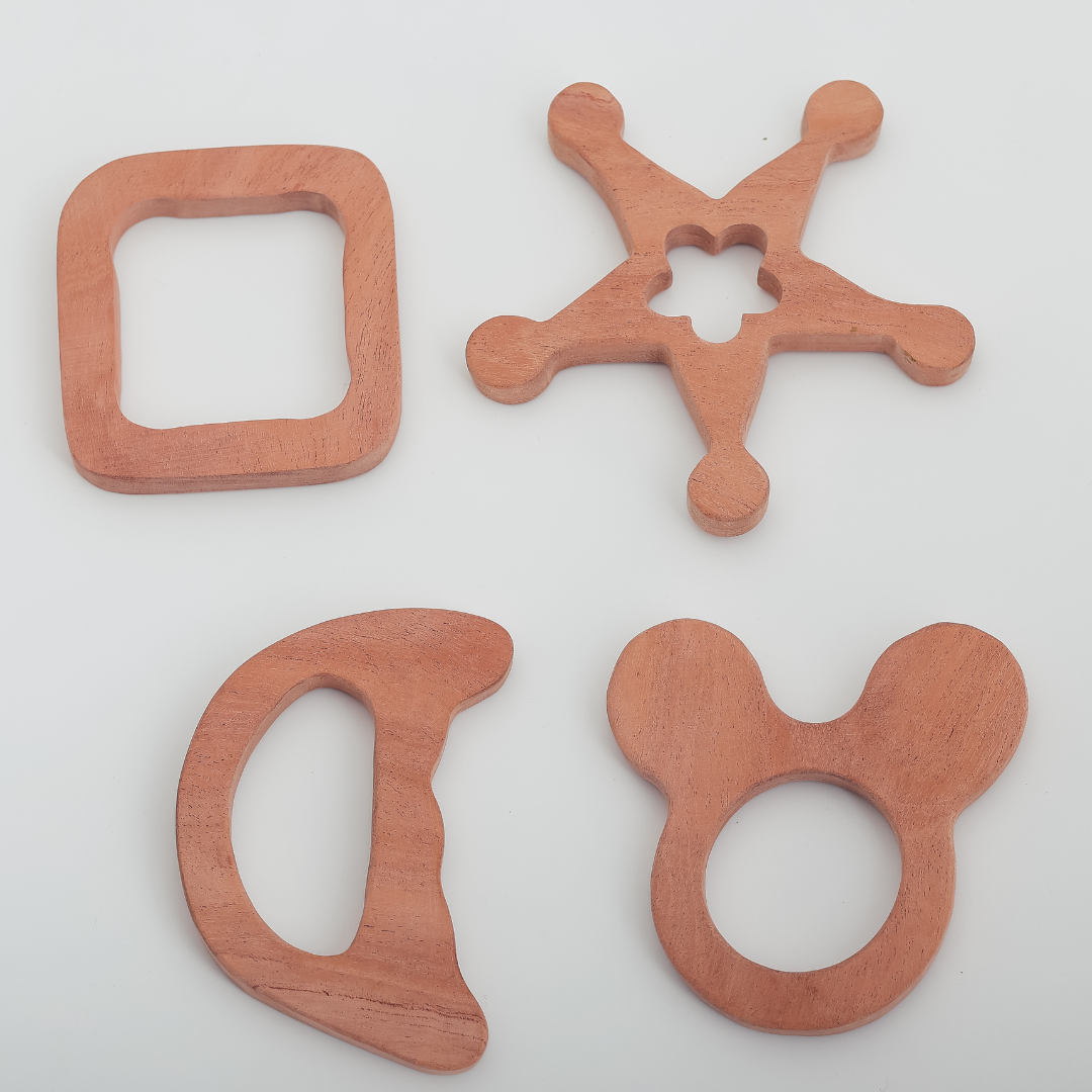 Neem Wood Teether Set – Star, Bear Ears, Square & Crescent | Organic Handcrafted Baby Teething Toys by NeemKala