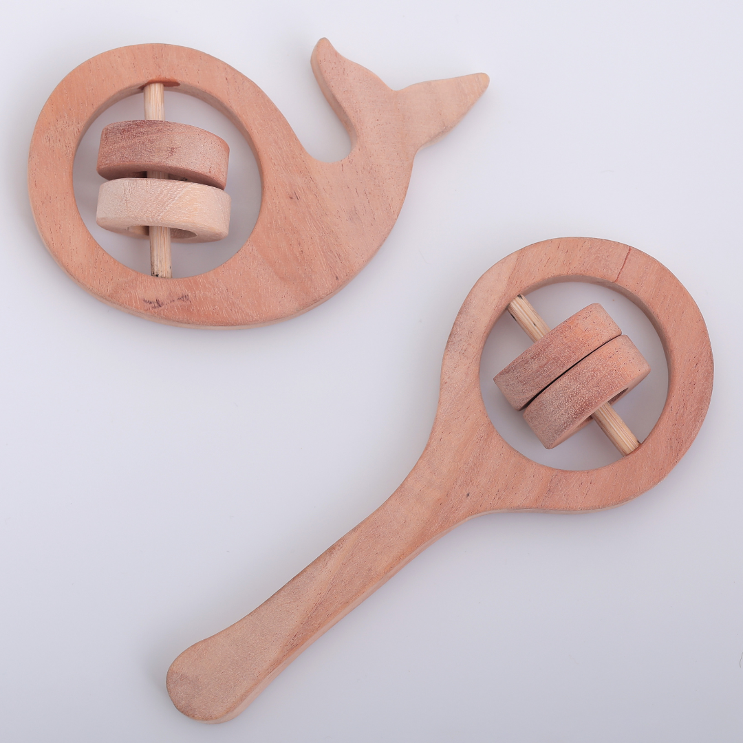 Neem Wood Rattle & Whale Teether Set – Natural Sensory Toys for Babies