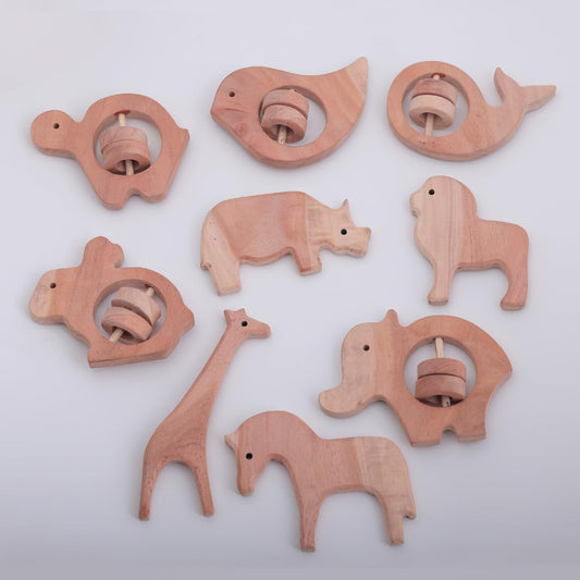 Handmade Pure Neem Wood Baby Teether – Natural, Chemical-Free Wooden Animal Toy – Biodegradable, Non-Toxic Teething Aid for Infants’ Gum Relief & Sensory Development(9pcs)