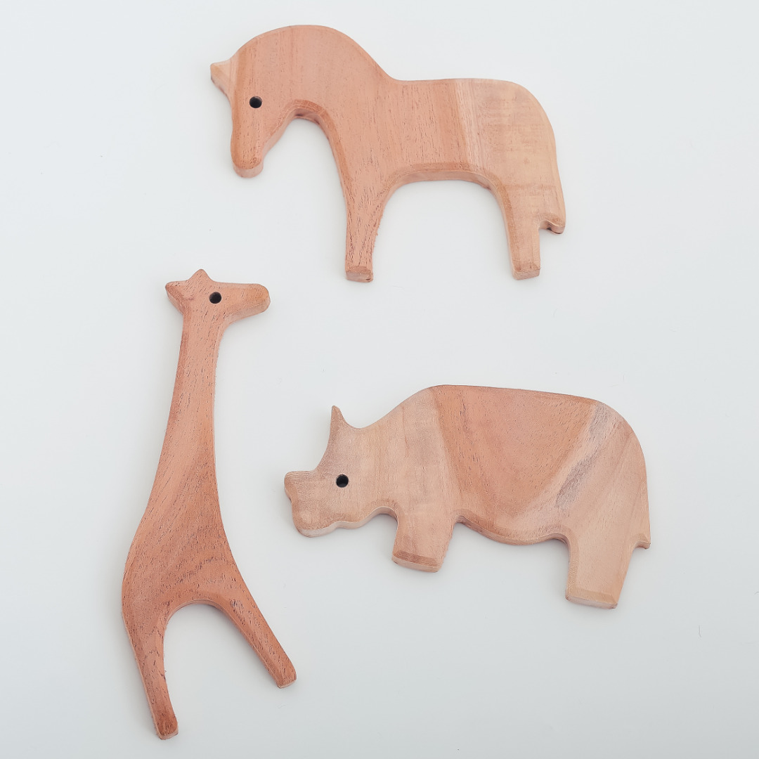 Wild Safari Neem Wood Teether Set – Giraffe, Rhino & Horse by NeemKala