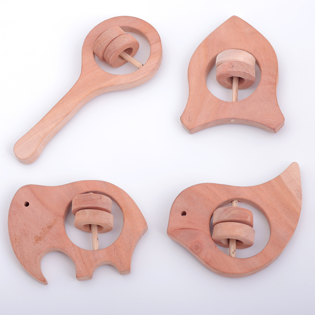 Natural Neem Wood Rattle Set – Handcrafted Montessori Toys for Newborn Sensory Play