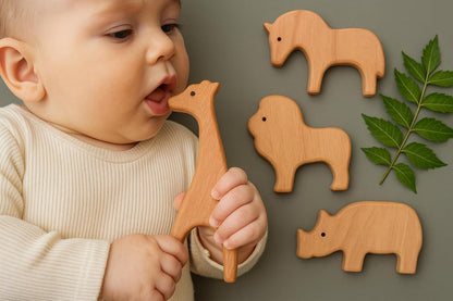 Wooden Animal Teether – Natural Neem Wood, Chemical-Free, Eco-Friendly, Soothing Teething Relief for Babies – Handcrafted, Safe, and Non-Toxic