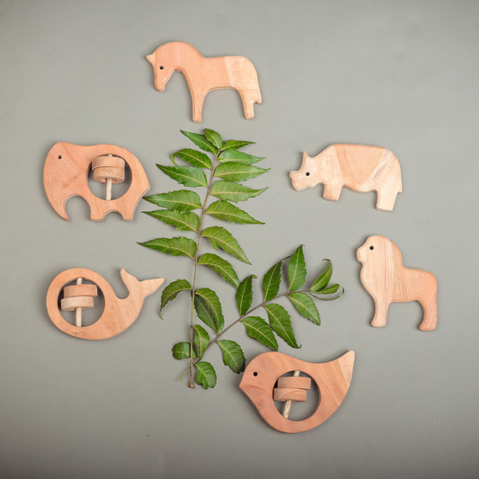 Neem Wood Baby Teethers set of 6 | Eco-Friendly, Handcrafted Animal Shapes by NeemKala