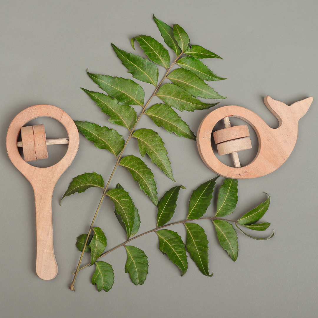 Neem Wood Rattle & Whale Teether Set – Natural Sensory Toys for Babies