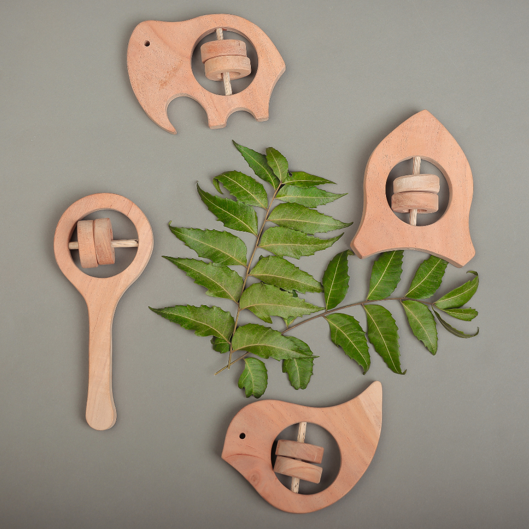 Natural Neem Wood Rattle Set – Handcrafted Montessori Toys for Newborn Sensory Play