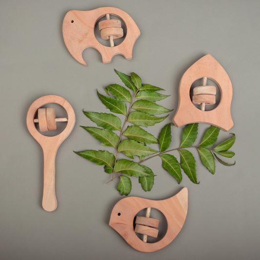 Natural Neem Wood Rattle Set – Handcrafted Montessori Toys for Newborn Sensory Play