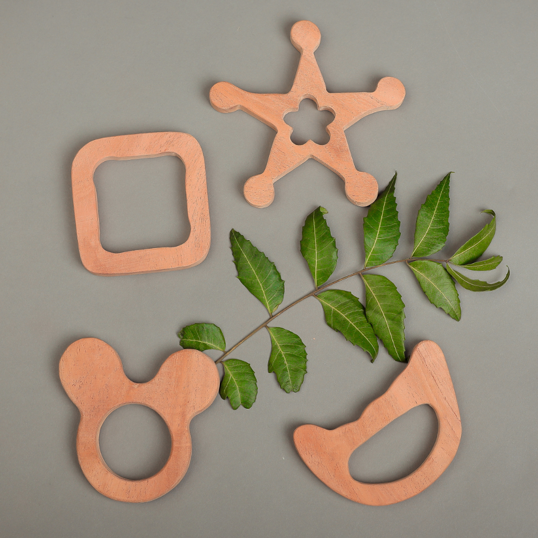 Neem Wood Teether Set – Star, Bear Ears, Square & Crescent | Organic Handcrafted Baby Teething Toys by NeemKala