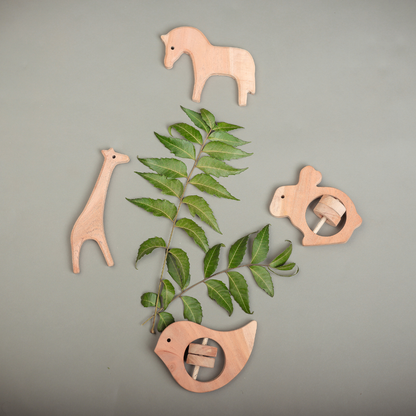 Tiny Safari, Big Smiles – Handcrafted Neem Wood Teethers by NeemKala (Pack of 4)