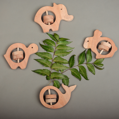 Neem Wood Animal Rattle Set – Eco-Friendly Natural Baby Toy for Sensory Play & Teething