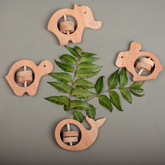 Neem Wood Animal Rattle Set – Eco-Friendly Natural Baby Toy for Sensory Play & Teething
