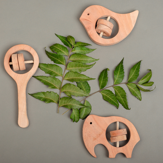 Neem Wood Rattle Trio – Whale, Elephant & Handle Rattle Set | Safe & Natural Baby Teething Toys by NeemKala