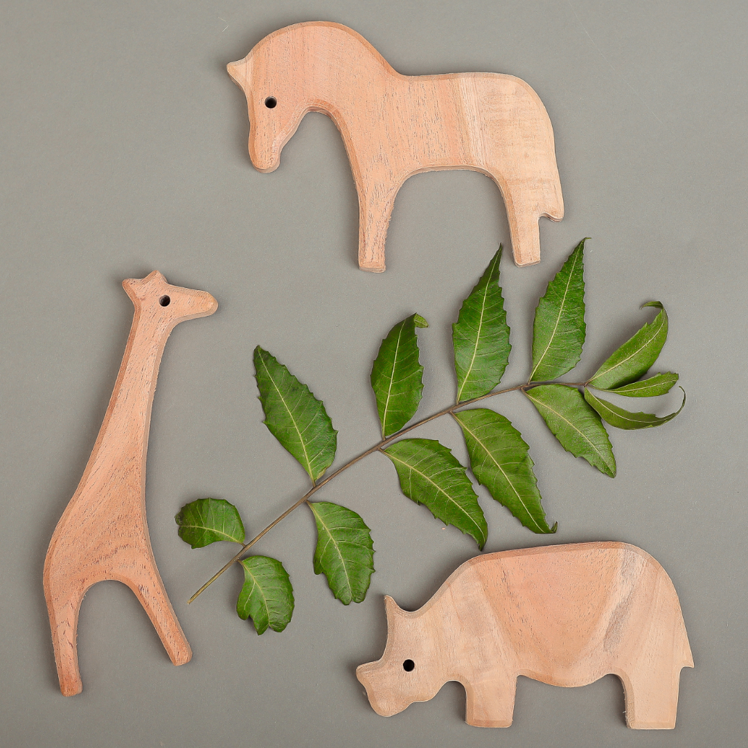Wild Safari Neem Wood Teether Set – Giraffe, Rhino & Horse by NeemKala