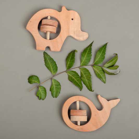 Neem Wood Teethers – Elephant & Whale Combo | Natural Wooden Rattles by NeemKala