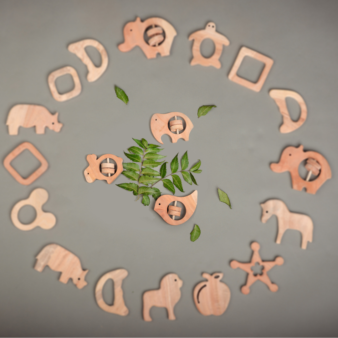 NeemWooden Tiny Roars & Chirps – NeemKala’s Forest Friends Teether Trio