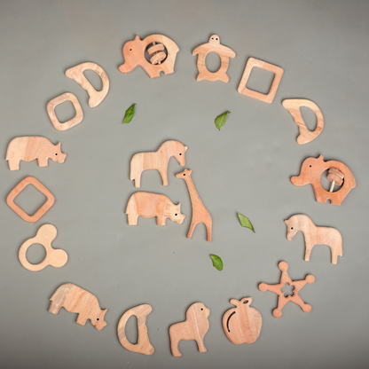Wild Safari Neem Wood Teether Set – Giraffe, Rhino & Horse by NeemKala