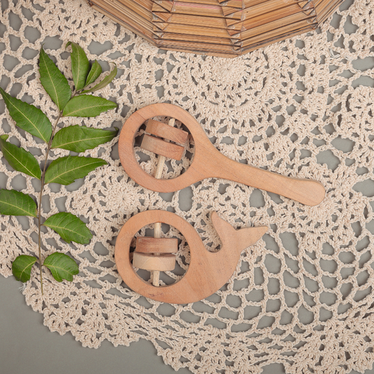 Neem Wood Rattle & Whale Teether Set – Natural Sensory Toys for Babies