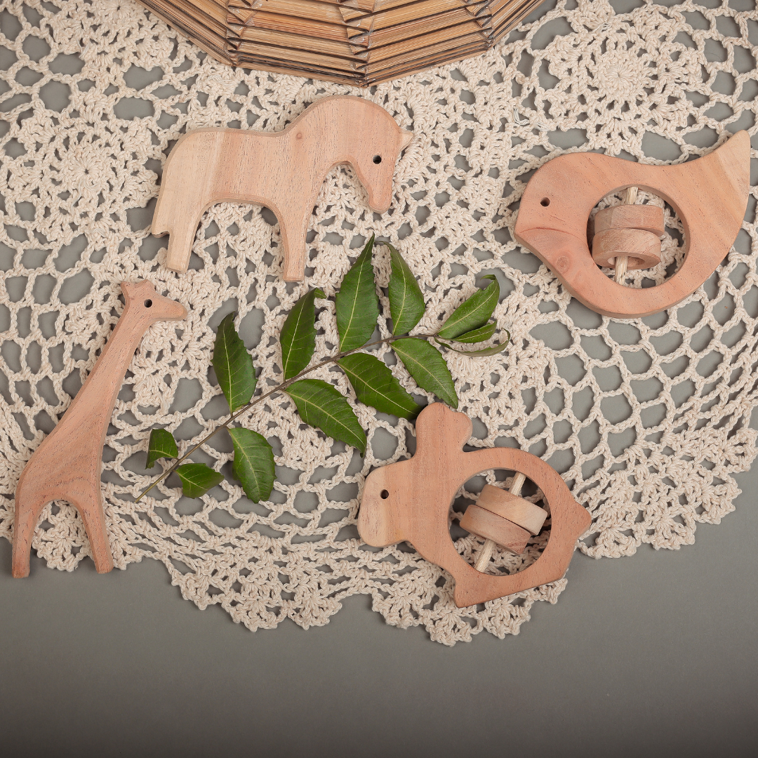 Tiny Safari, Big Smiles – Handcrafted Neem Wood Teethers by NeemKala (Pack of 4)