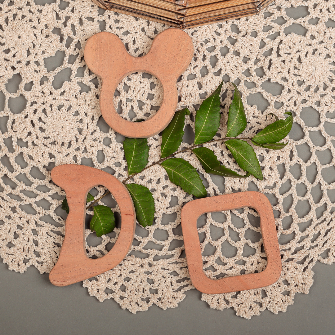 Natural Neem Wood Teether Trio – Eco-Friendly Baby Teething Set by NeemKala