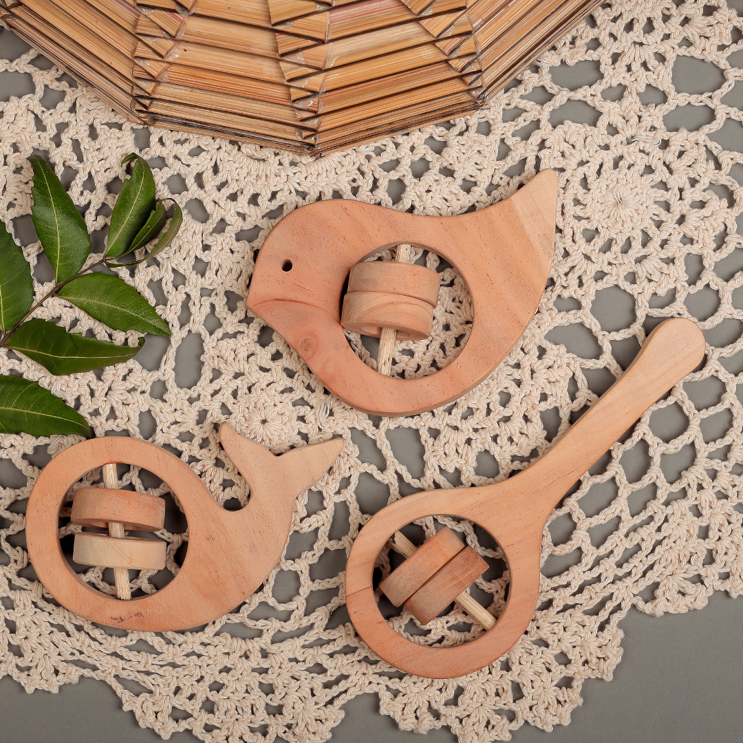 Handmade Wooden Animal Rattles – Set of 3