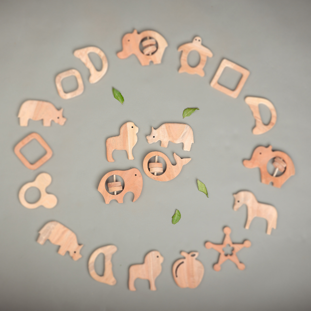 Tiny Safari, Big Smiles – Handcrafted Neem Wood Teethers by NeemKala (Pack of 4)