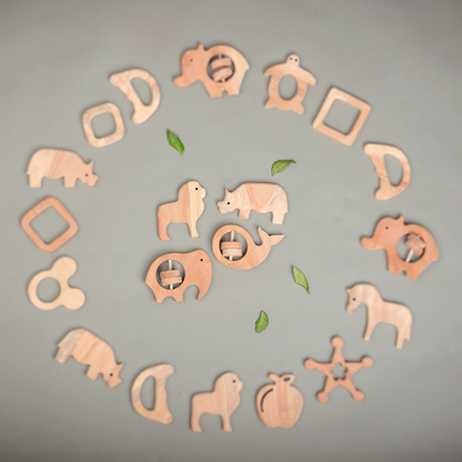 Tiny Safari, Big Smiles – Handcrafted Neem Wood Teethers by NeemKala (Pack of 4)