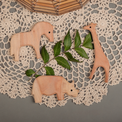 Wild Safari Neem Wood Teether Set – Giraffe, Rhino & Horse by NeemKala