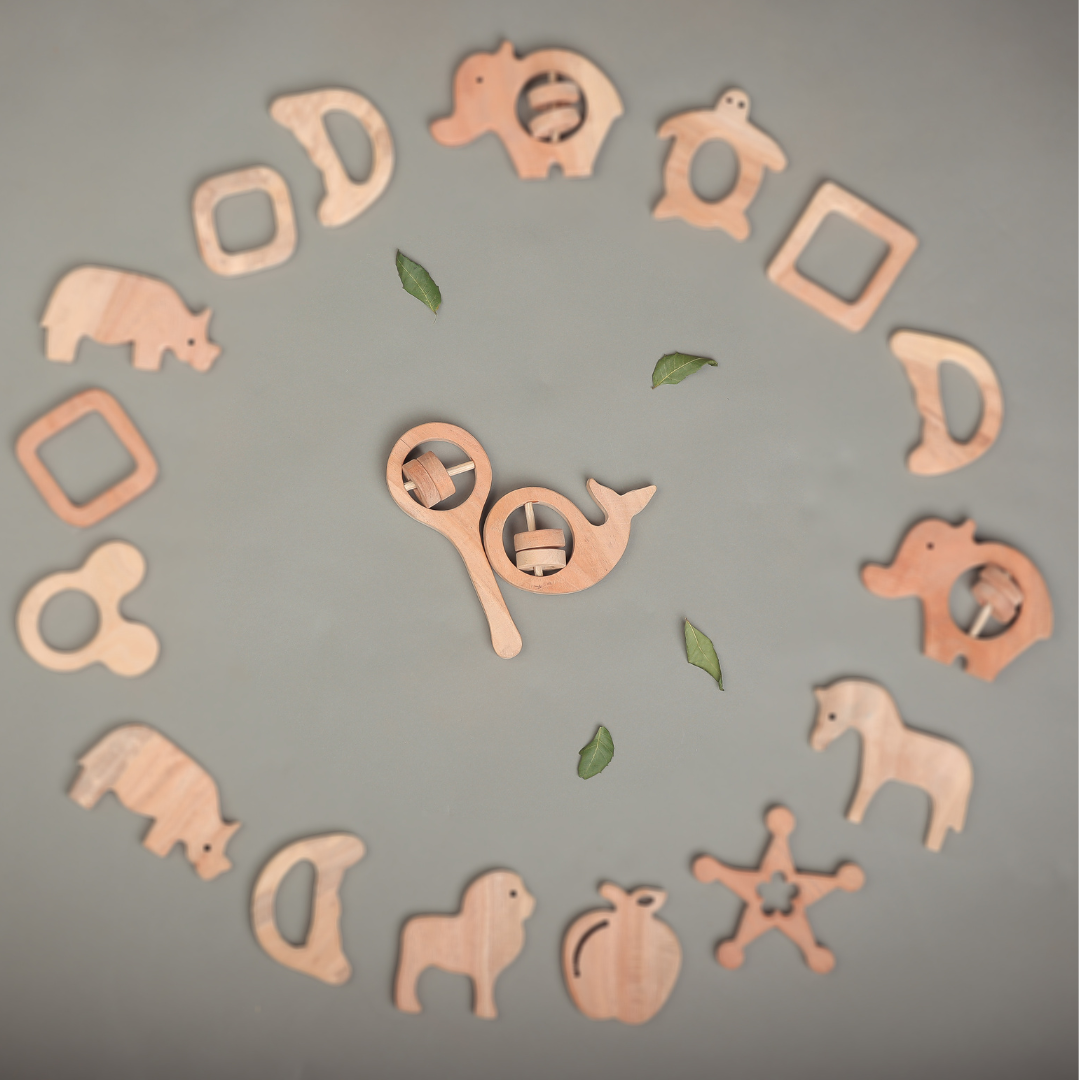 Neem Wood Rattle & Whale Teether Set – Natural Sensory Toys for Babies